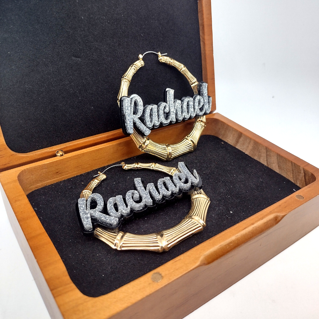 Custom Name and Background Gold Bamboo Hoop Earrings