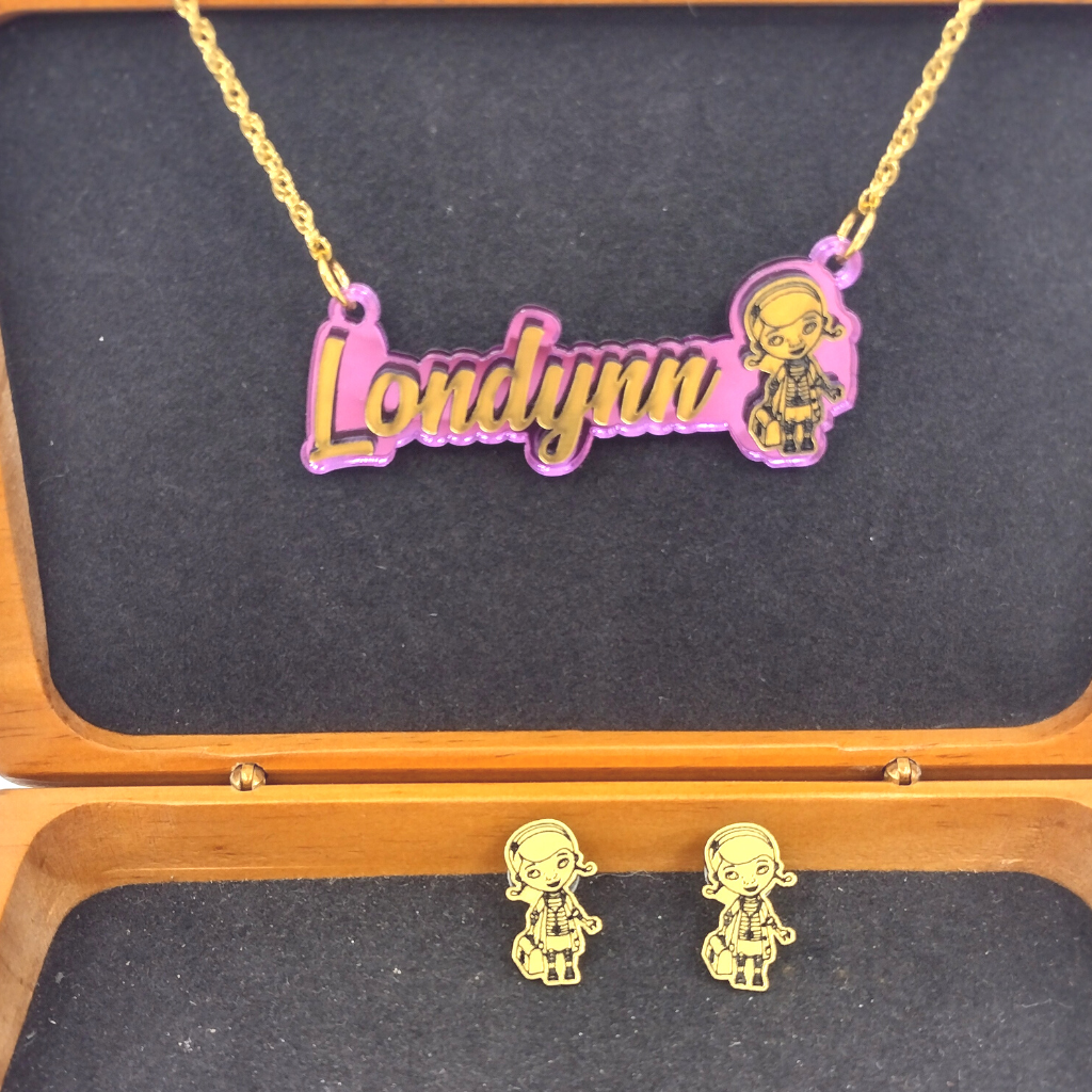 Custom Kid Doctor Character Personalized Necklace and Studs Jewelry Set