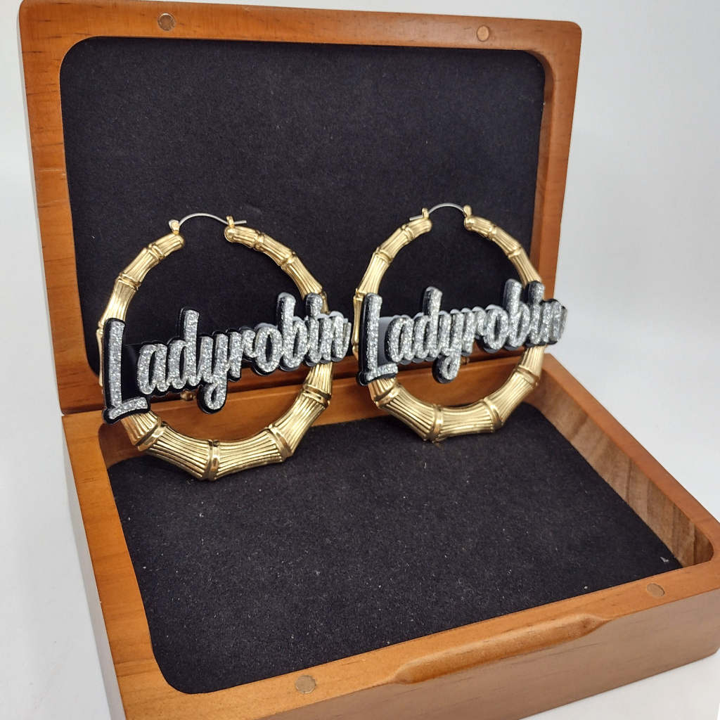 Custom Name and Background Gold Bamboo Hoop Earrings