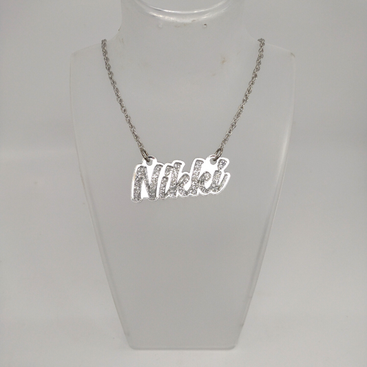 Custom Name and Background Necklace, Script Glitter Letters