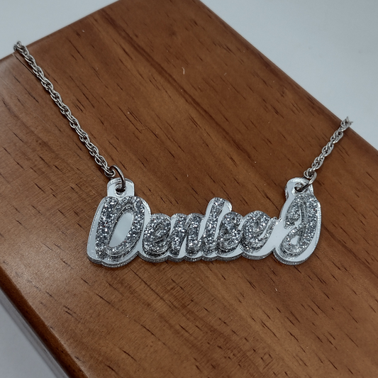 Name Necklace Plate Personalized Custom Silver Nameplate Jewelry Laser Cut Diamond Look Glitter Script Cursive Letters, Quality Silver Chain