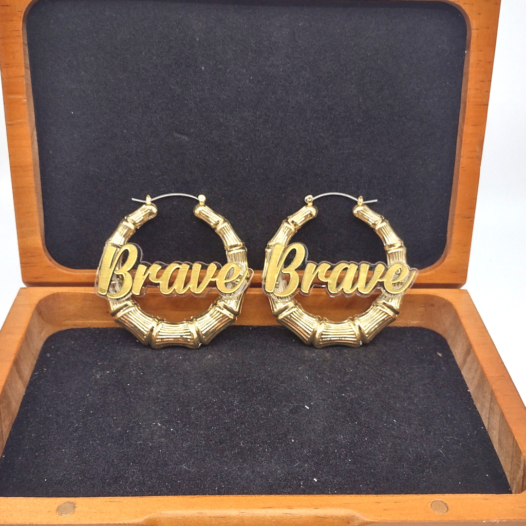 Custom Name and Clear Background Gold Bamboo Hoop Earrings