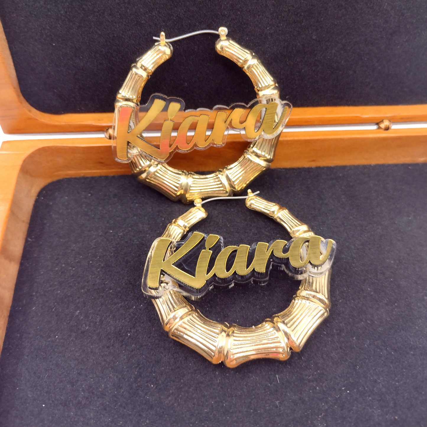 Custom Name and Clear Background Gold Bamboo Hoop Earrings