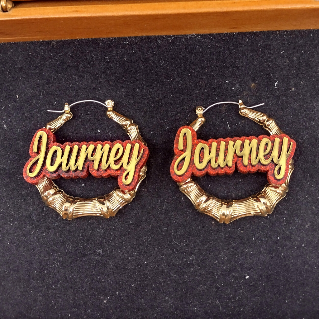 Custom Name and Background Gold Bamboo Hoop Earrings