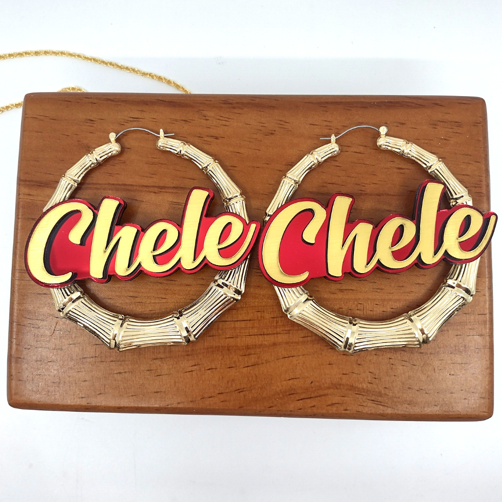 Custom Name and Background Gold Bamboo Hoop Earrings
