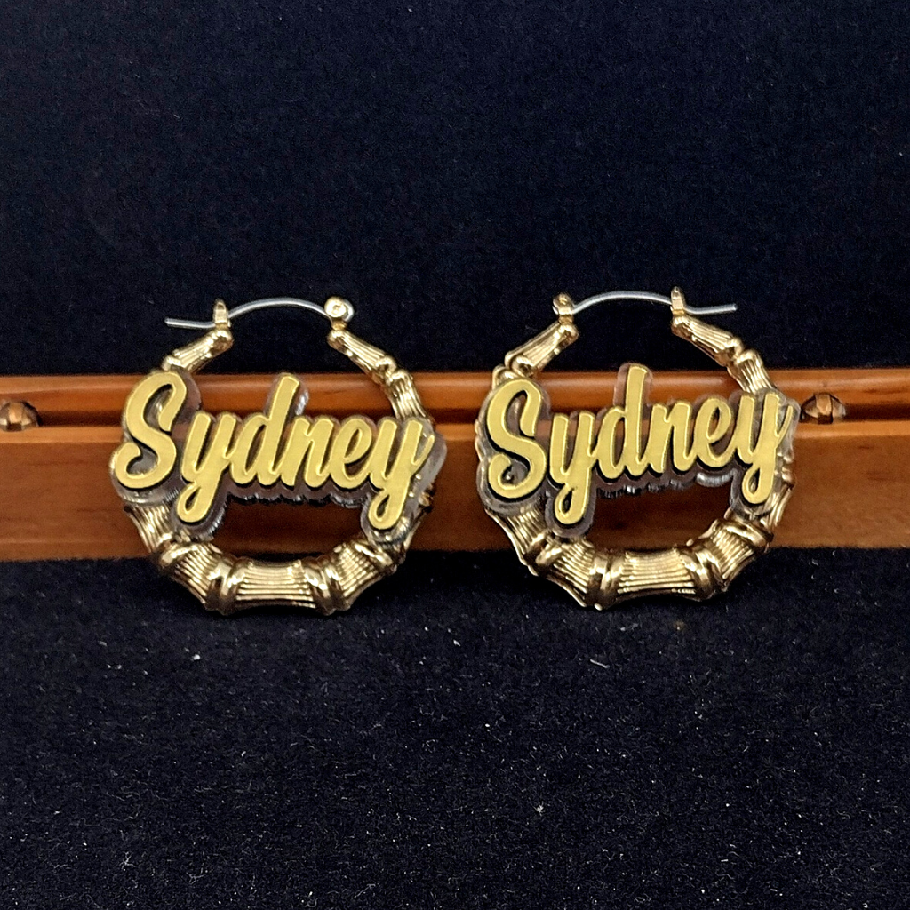 Custom Name and Clear Background Gold Bamboo Hoop Earrings