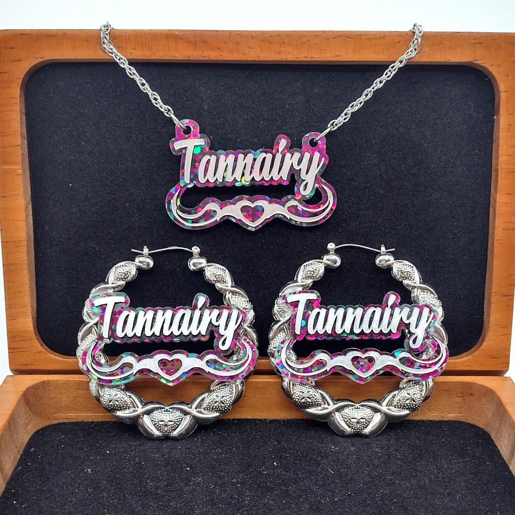 Custom Silver Confetti Multi-Color Heart and Swirl Name Hoop Earrings and a Name Necklace, Personalized Name, Hand-made Jewelry Set