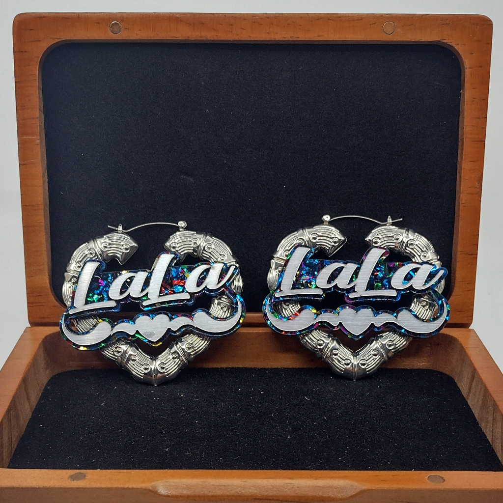 Custom Silver Heart Name and Background Hoop Earrings