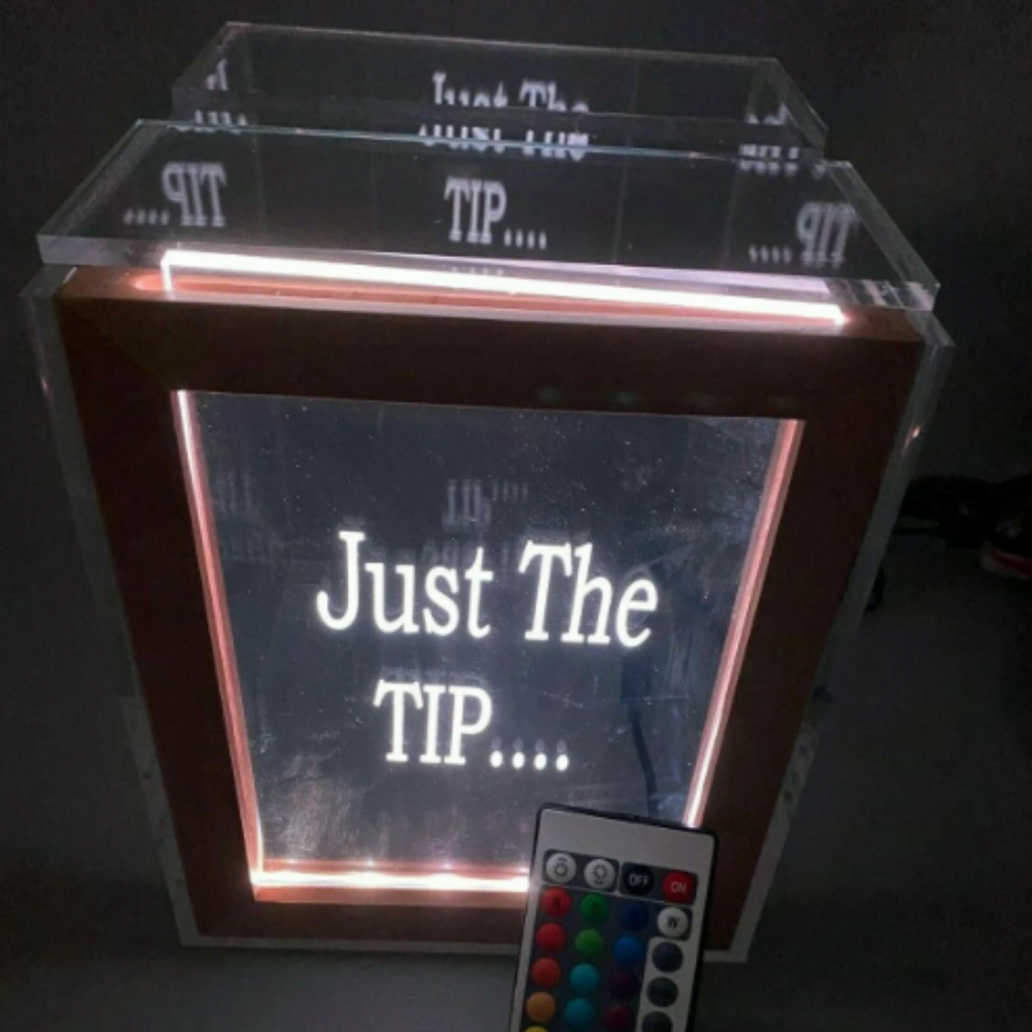 Tip Box Raffle Fund Raiser Donation Jar Fantastically Unique Eye Catching Personalized Engraved LED 16 Colors Changing 7"W x 8.5"H Container