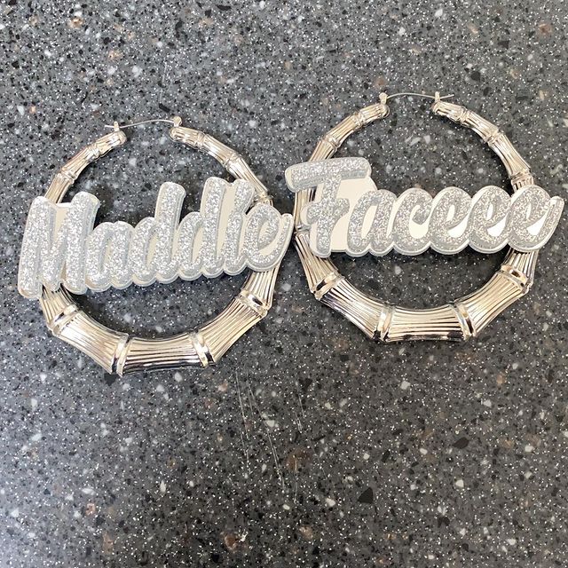 Custom Name and Background Gold Bamboo Hoop Earrings