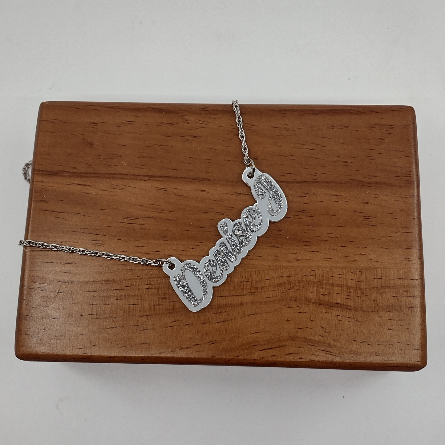 Name Necklace Plate Personalized Custom Silver Nameplate Jewelry Laser Cut Diamond Look Glitter Script Cursive Letters, Quality Silver Chain