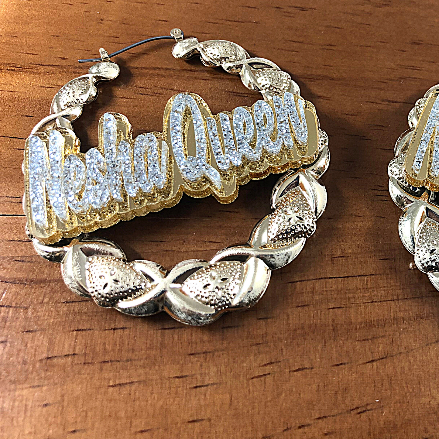 Gold Hoop XOXO Style Earrings Name Plate Laser Cut Personalized Custom Design Diamond Stunning Look, Attractive, Gorgeous Earrings