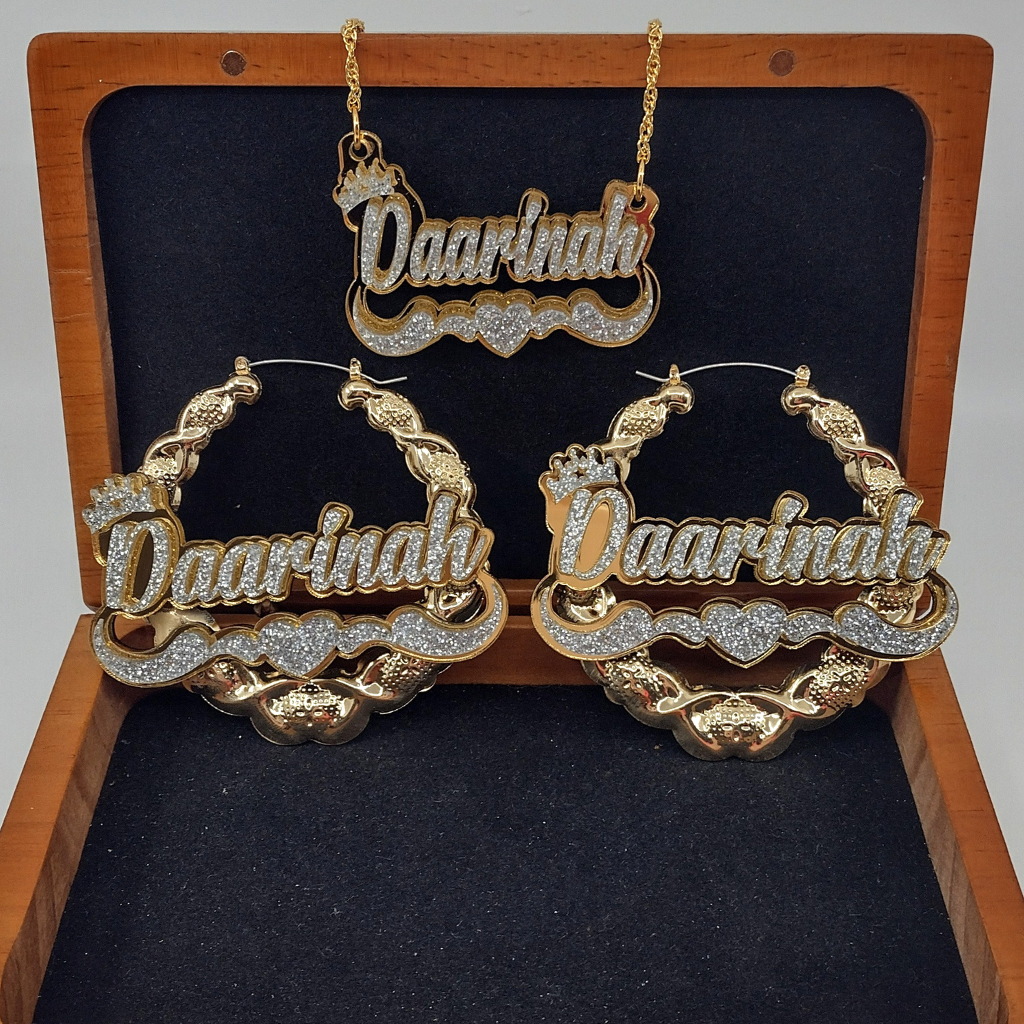 Heart and Swirl with Crown Custom XOXO Gold Hoop Earrings and a Name Necklace, Personalized Name and Background Color, Hand-made Jewelry Set