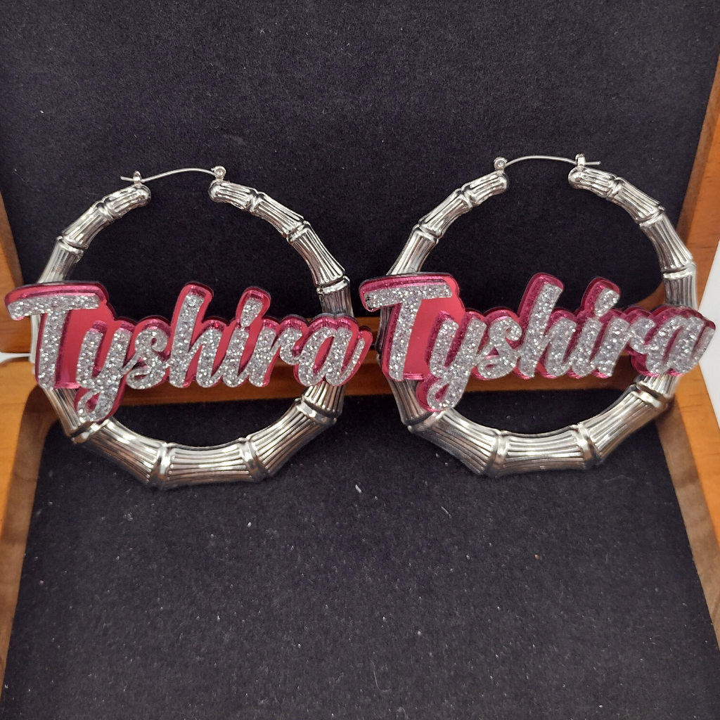 Custom Name and Background Silver Bamboo Hoop Earrings