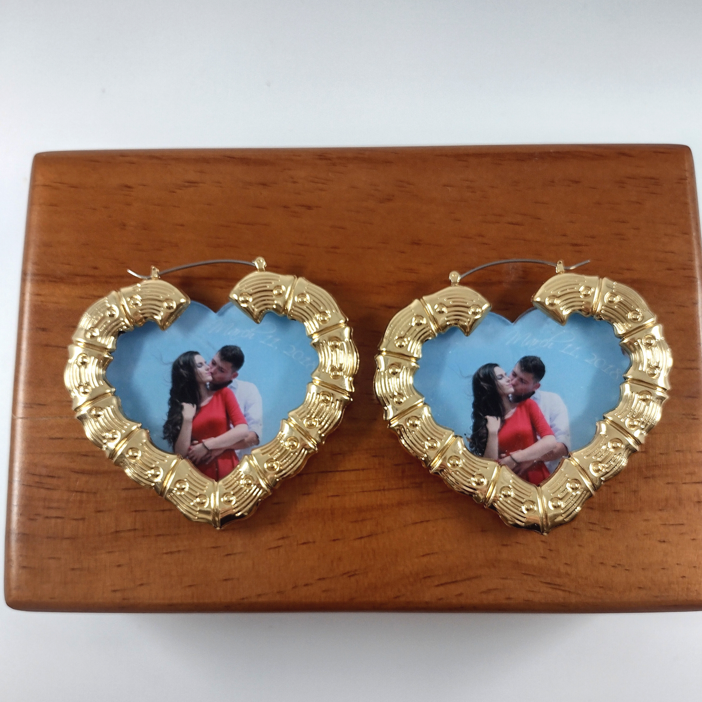 Custom Heart Shaped Personalized Photo Name Necklace and Earrings, UV Printed Jewelry Set