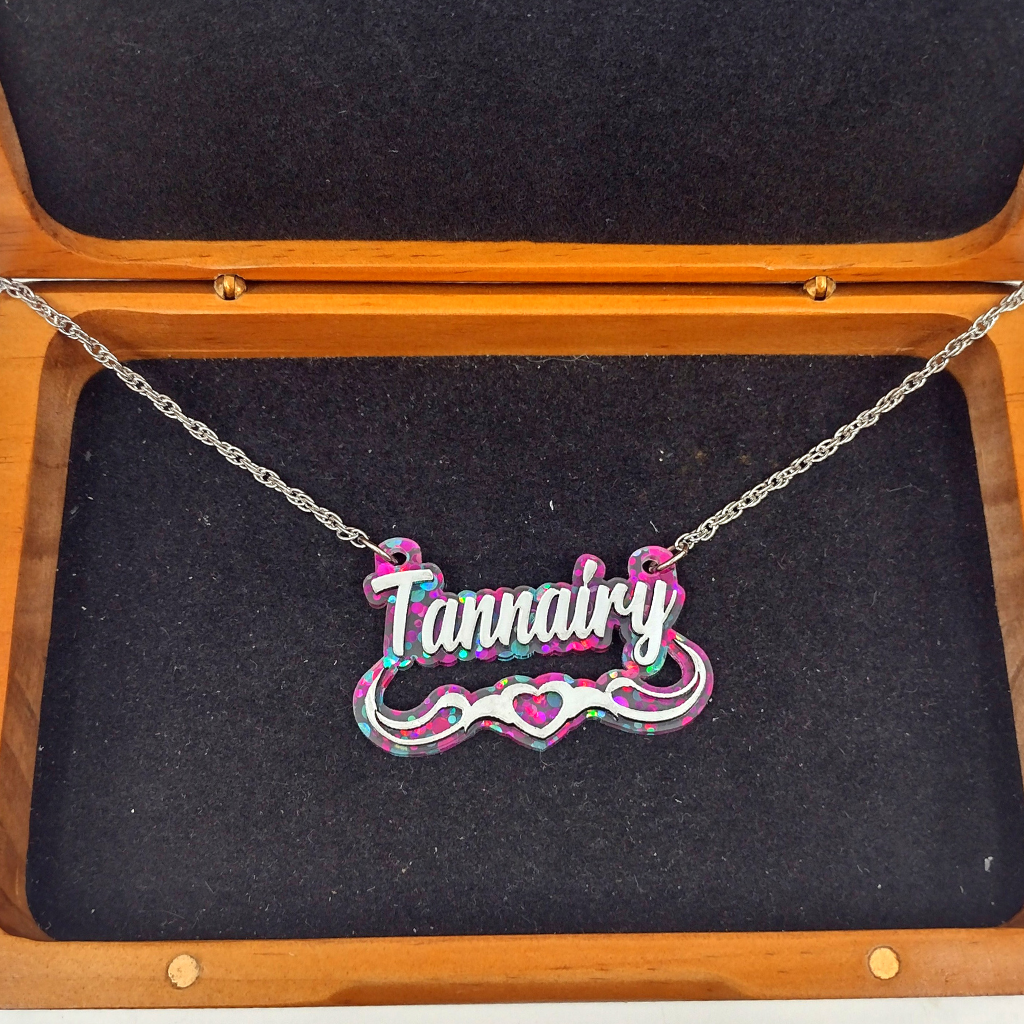 Custom Silver Confetti Multi-Color Heart and Swirl Name Necklace