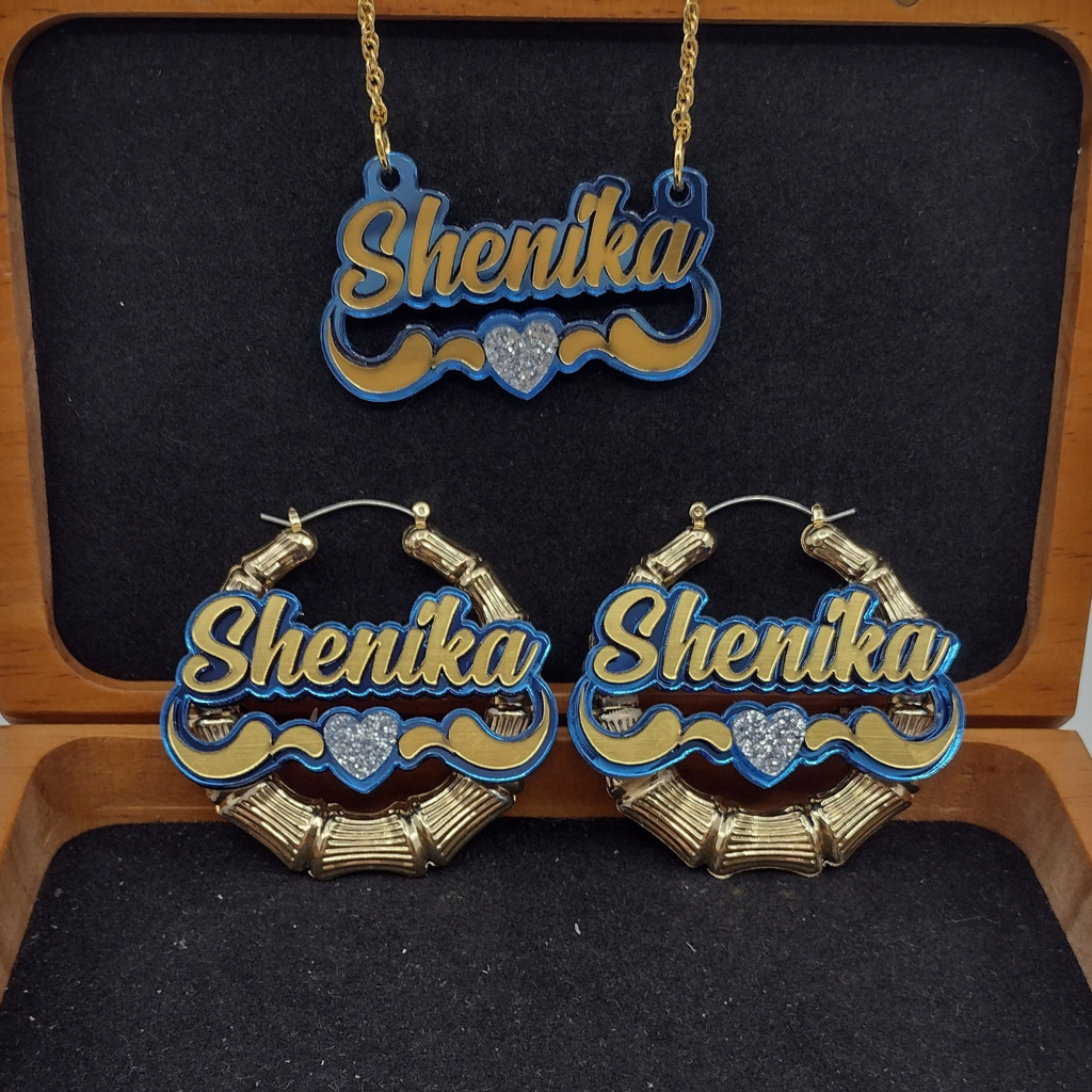 Custom Gold Heart and Swirl Name and Background Necklace and Earrings Jewelry Set