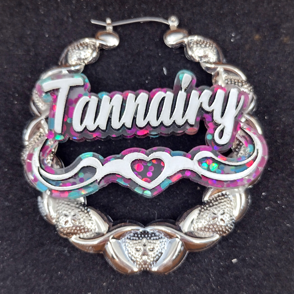 Custom Silver Confetti Multi-Color Heart and Swirl Name Earrings