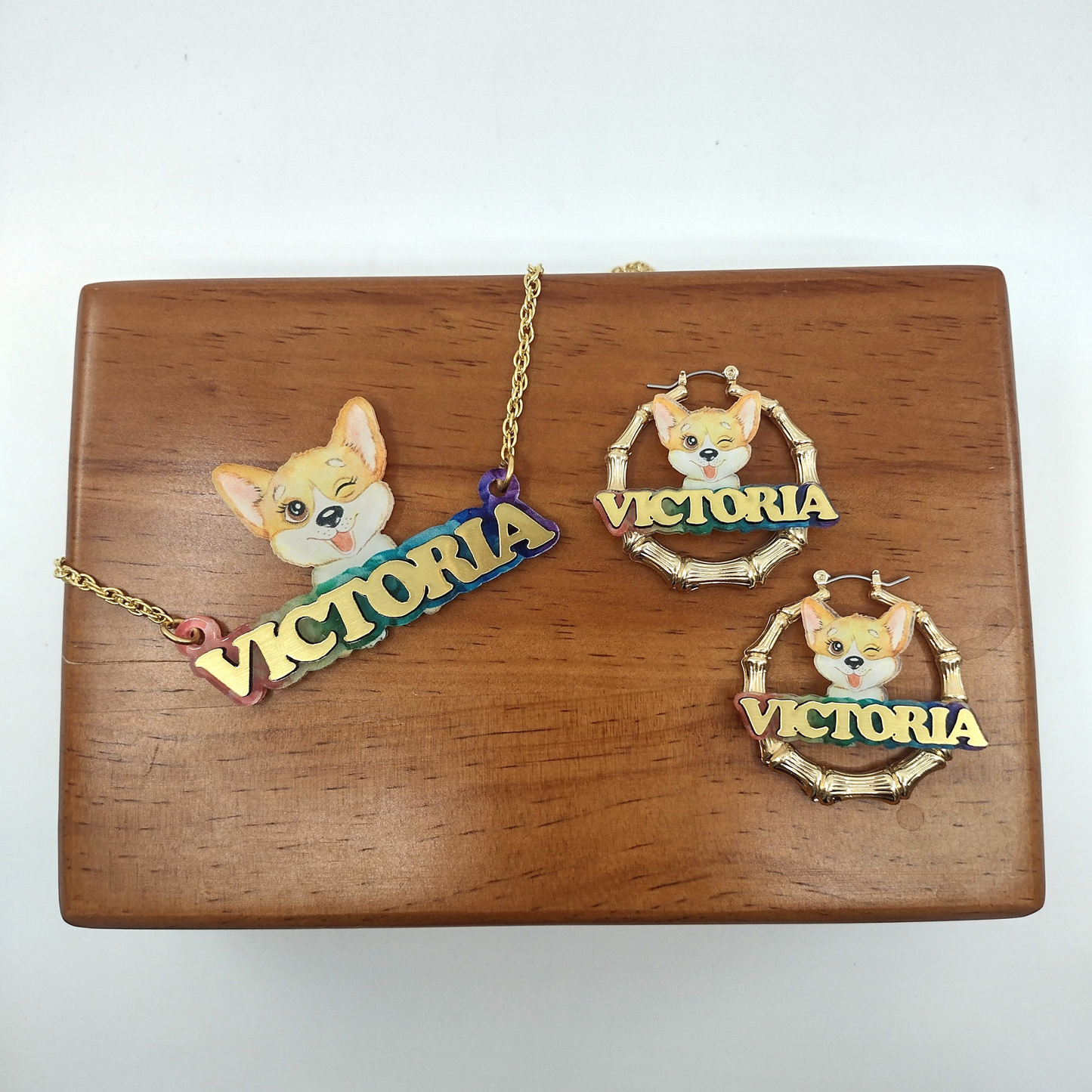 Custom Name Earrings and Necklace Jewelry Set, UV Printed, Personalized Puppy Design