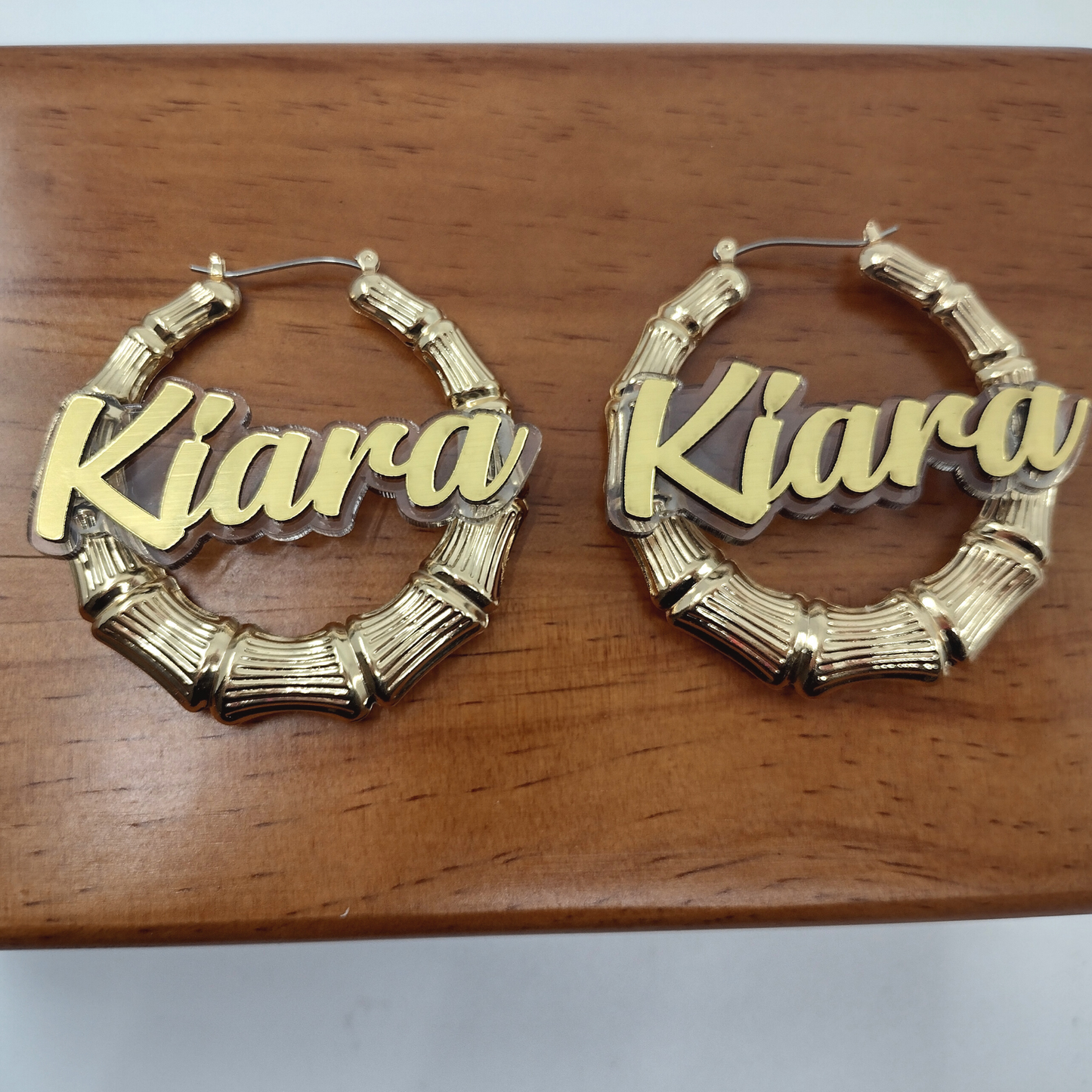 Custom Name and Clear Background Gold Bamboo Hoop Earrings