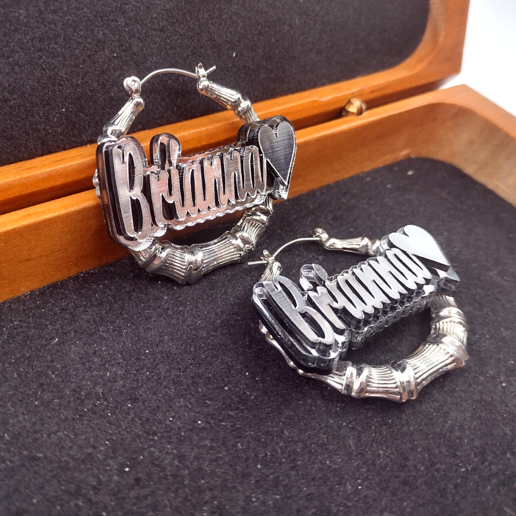 Custom Name with Heart and Background Silver Bamboo Hoop Earrings