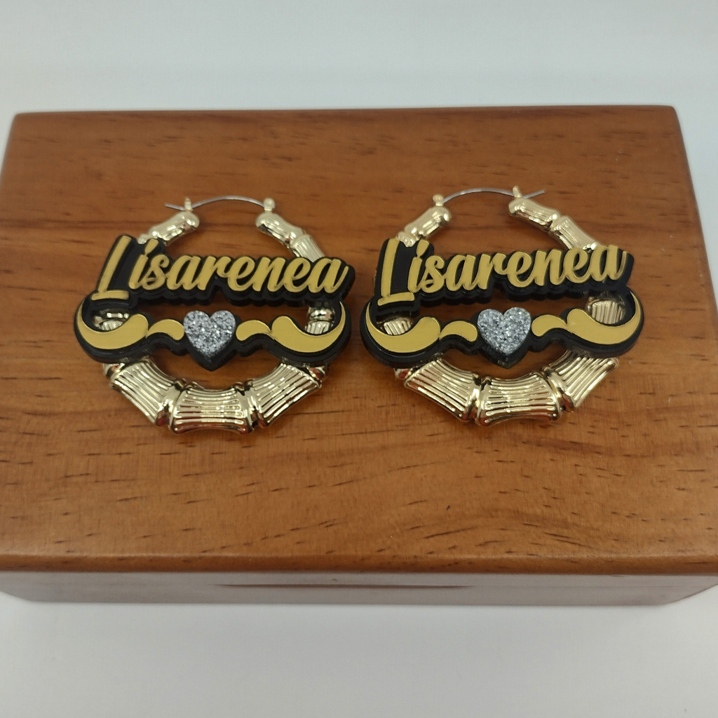 Heart and Swirl Custom Name and Background Gold Bamboo Hoop Earrings