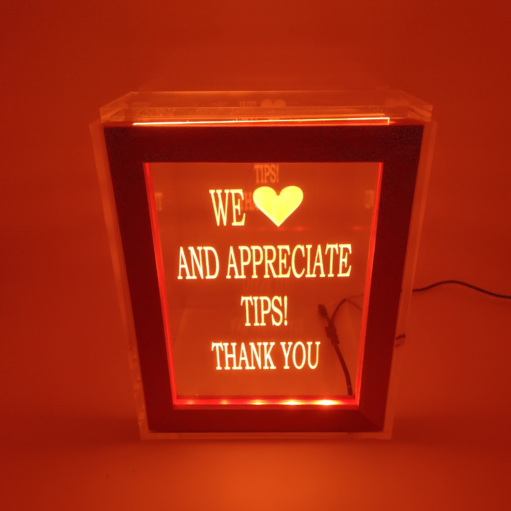 Tip Box Raffle Fund Raiser Donation Jar Fantastically Unique Eye Catching Personalized Engraved LED 16 Colors Changing 7"W x 8.5"H Container