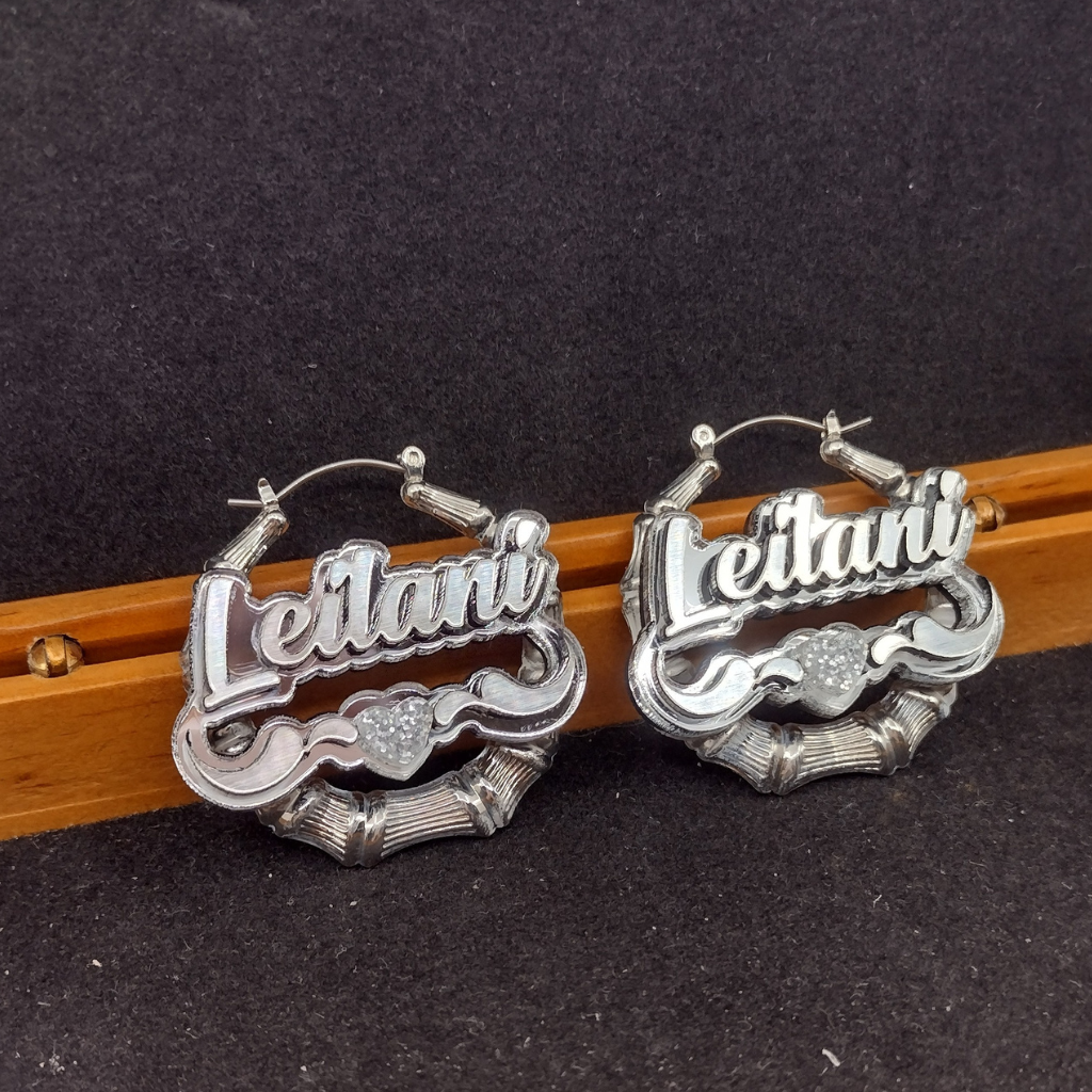 Custom Heart and Swirl Name and Background Silver Bamboo Hoop Earrings
