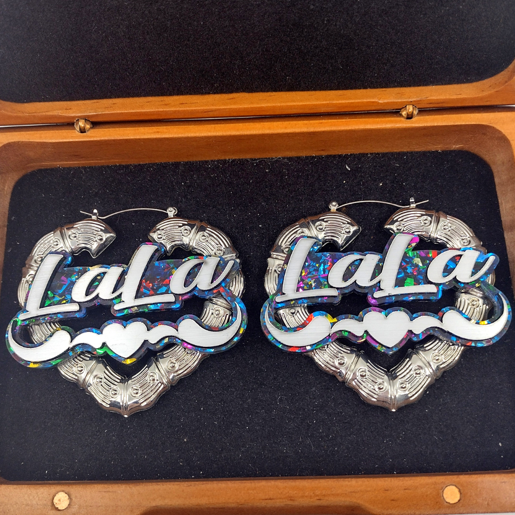 Custom Silver Heart Name and Background Hoop Earrings