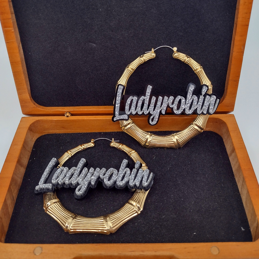 Custom Name and Background Gold Bamboo Hoop Earrings