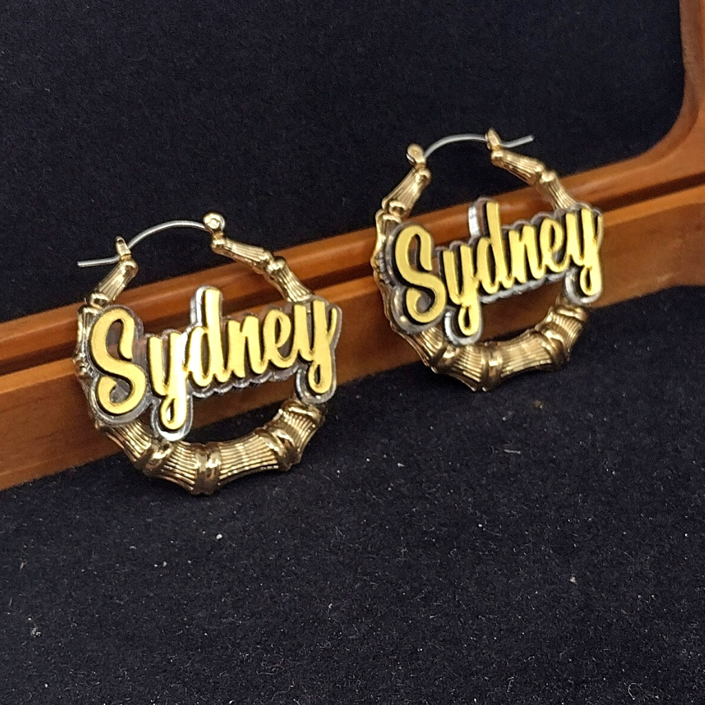 Custom Name and Clear Background Gold Bamboo Hoop Earrings