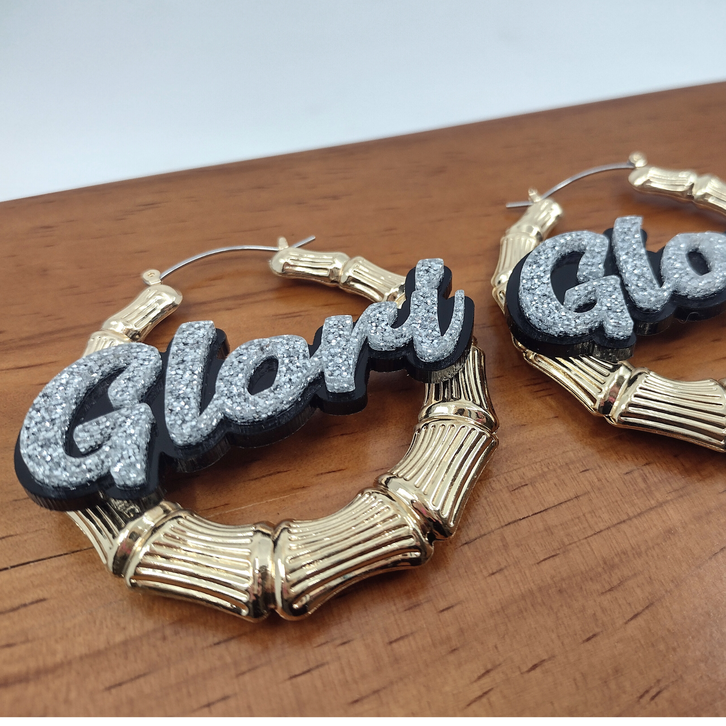 Custom Name and Background Gold Bamboo Hoop Earrings