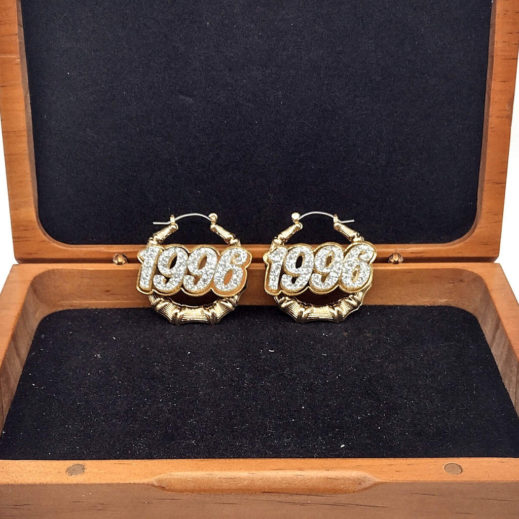 Custom Name and Background Gold Bamboo Hoop Earrings