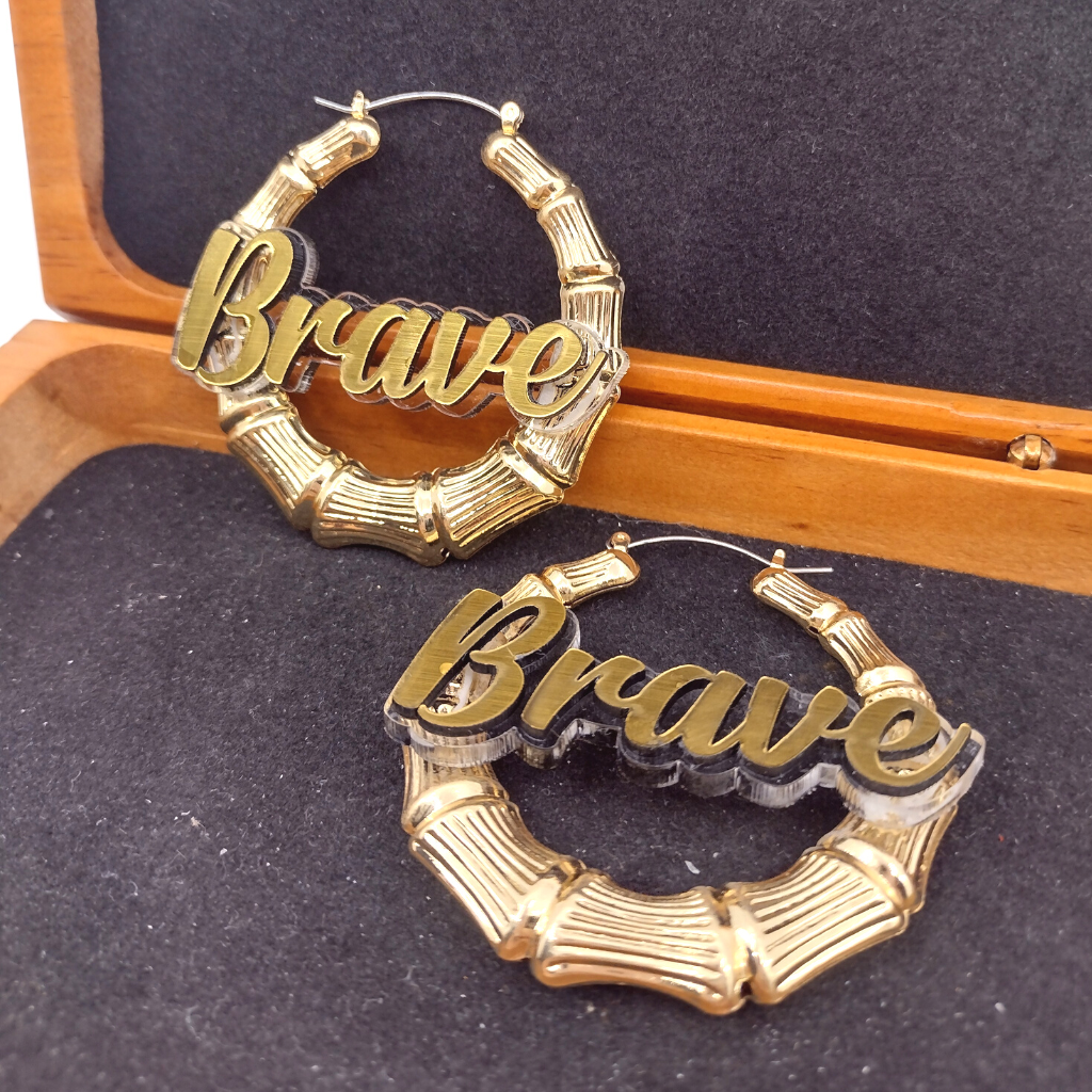 Custom Name and Clear Background Gold Bamboo Hoop Earrings