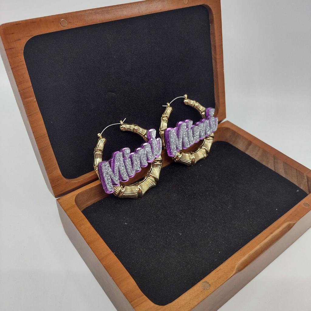 Custom Name and Background Gold Bamboo Hoop Earrings