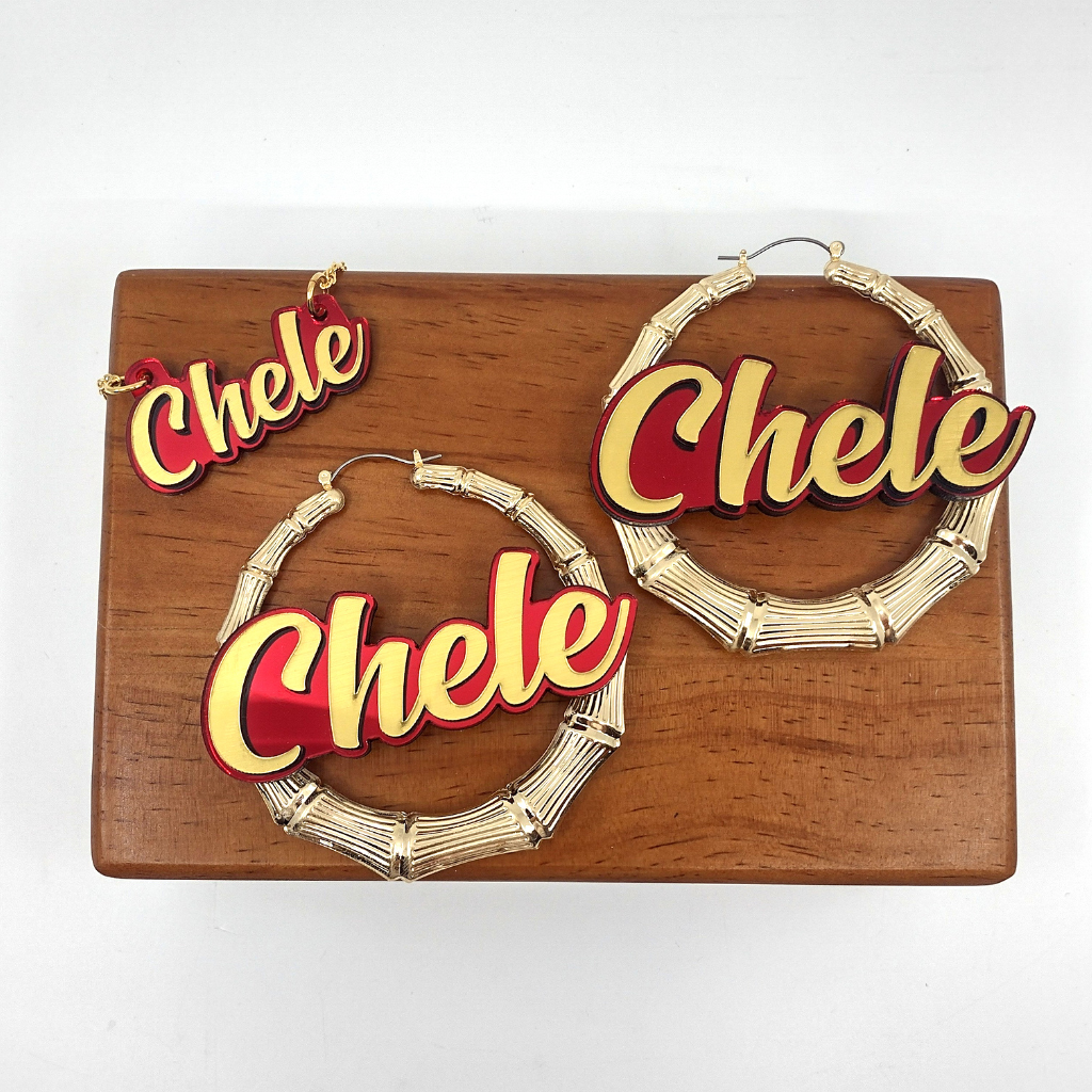 Custom Gold Hoop Earrings and a Name Necklace, Personalized Name and Background Color, Hand-made Jewelry Set