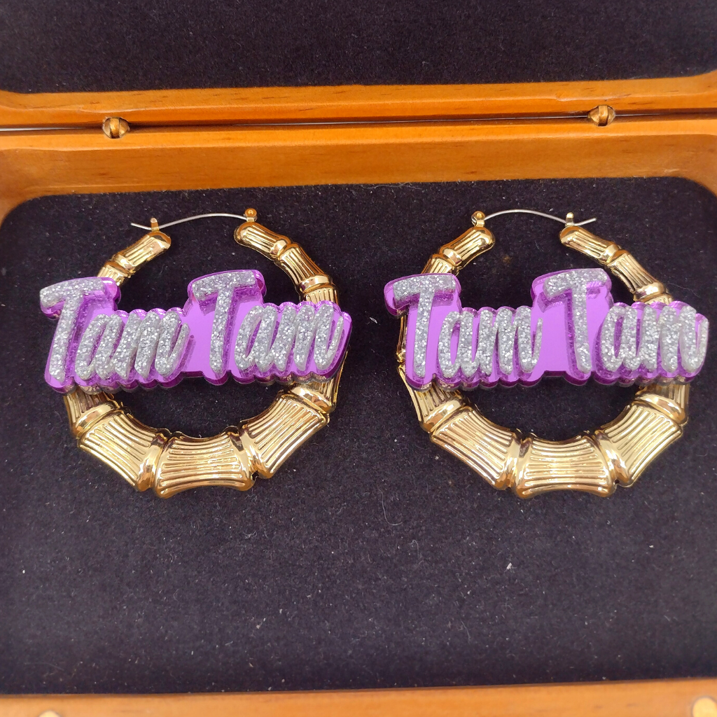 Custom Name and Background Gold Bamboo Hoop Earrings