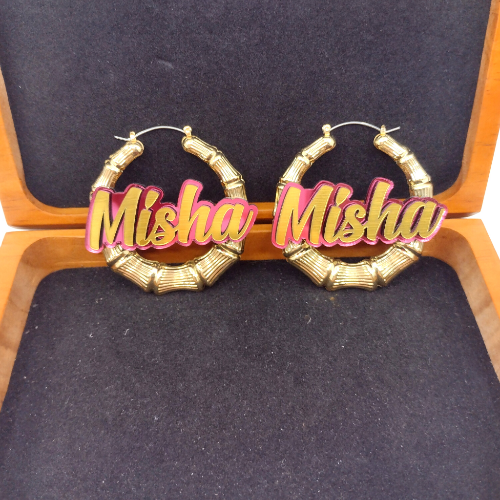 Custom Name and Background Gold Bamboo Hoop Earrings
