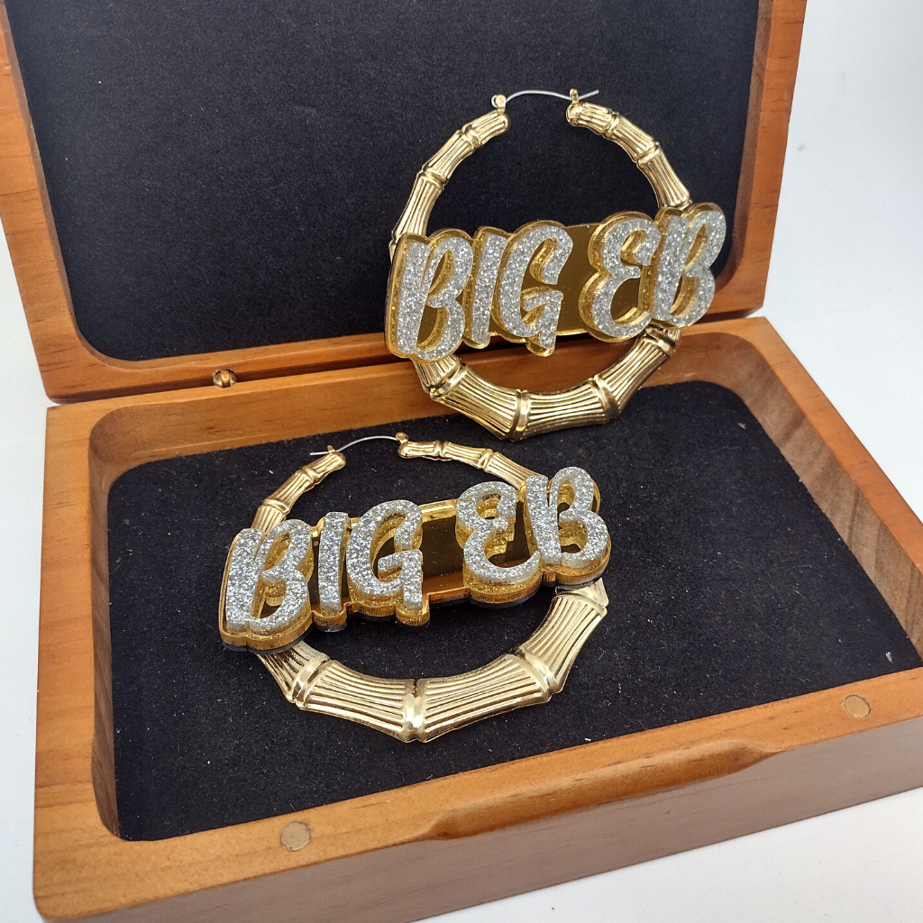 Custom Name and Background Gold Bamboo Hoop Earrings