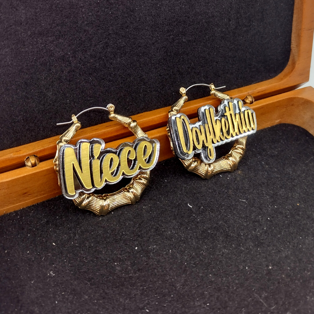 Custom Name and Background Gold Bamboo Hoop Earrings