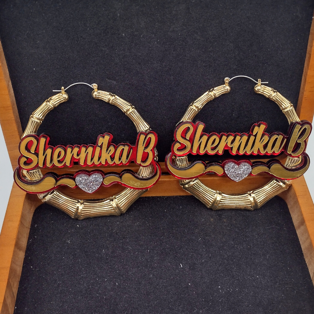 Custom Heart and Swirl Name and Background Gold Bamboo Hoop Earrings