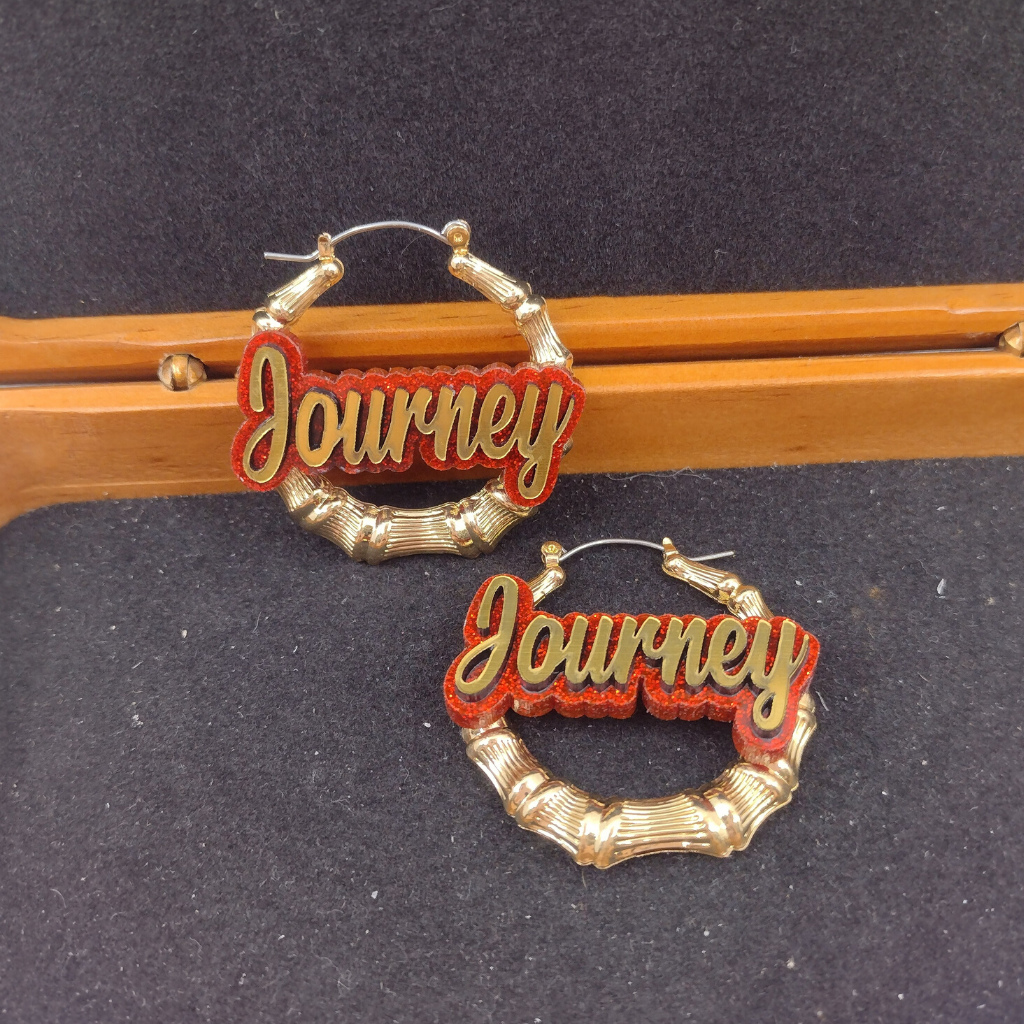 Custom Name and Background Gold Bamboo Hoop Earrings