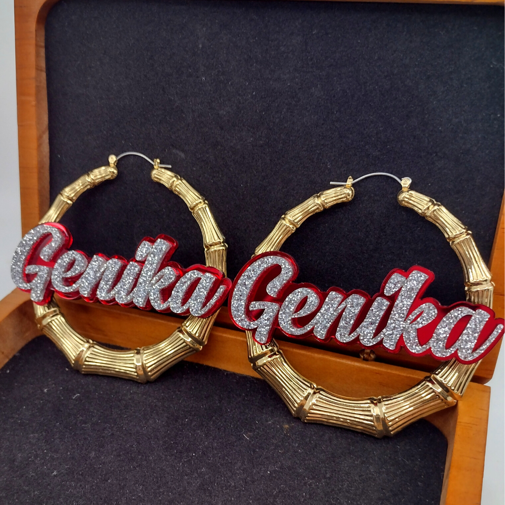 Custom Name and Background Gold Bamboo Hoop Earrings