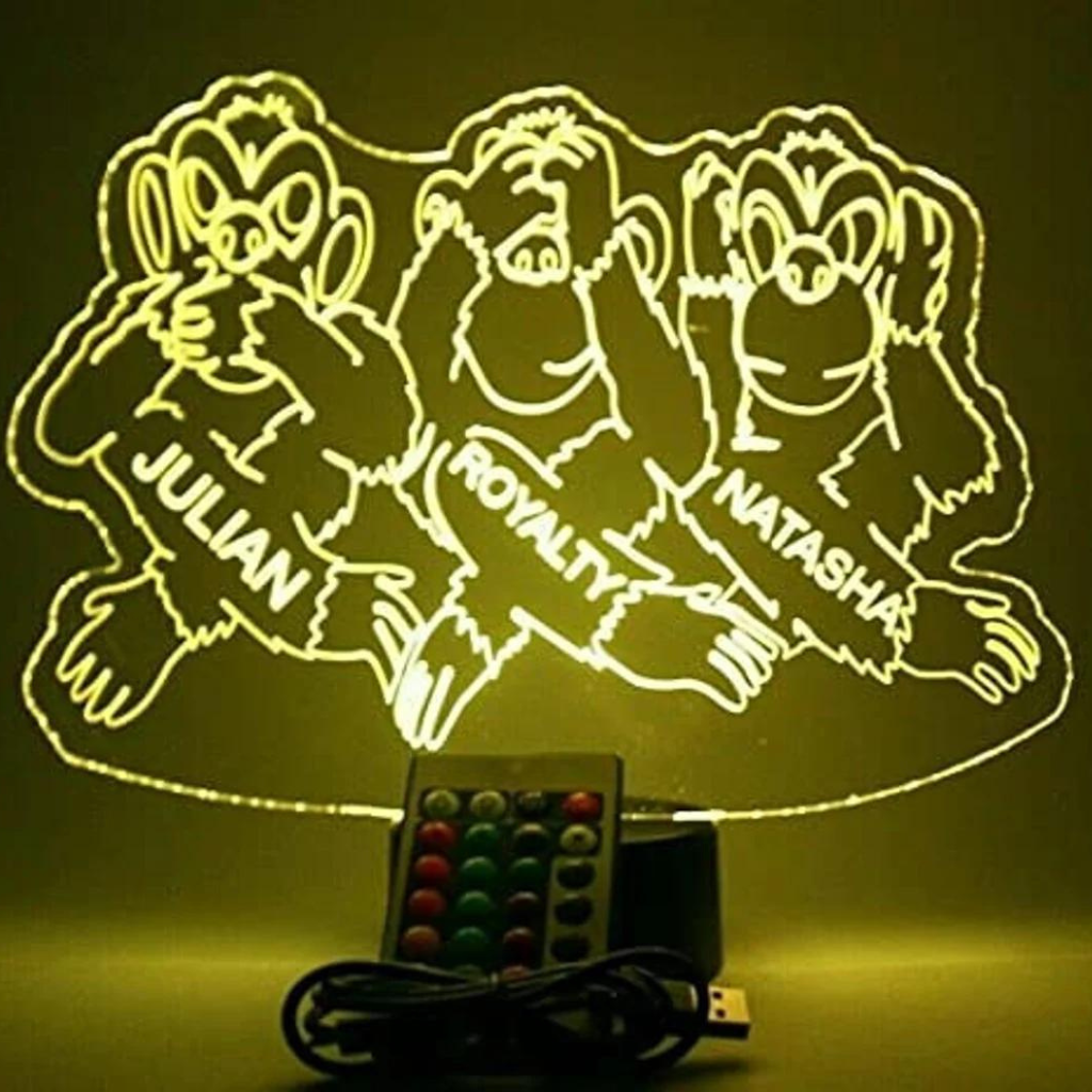 Hear See Speak No Evil Monkeys LED Tabletop Night Light Up Lamp, 16 Color options with Remote