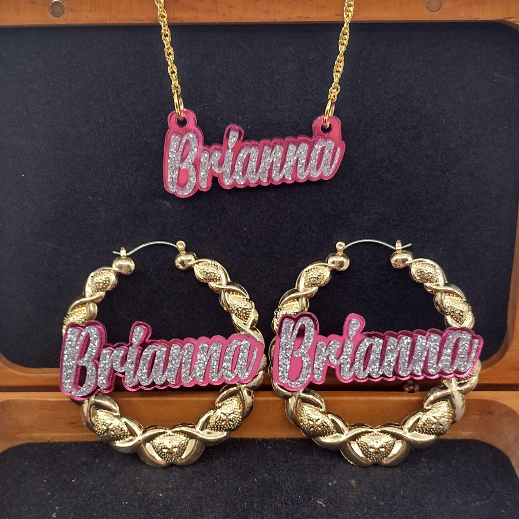 Custom Gold XOXO Hoop Earrings and a Name Necklace, Personalized Name and Background Color, Hand-made Jewelry Set