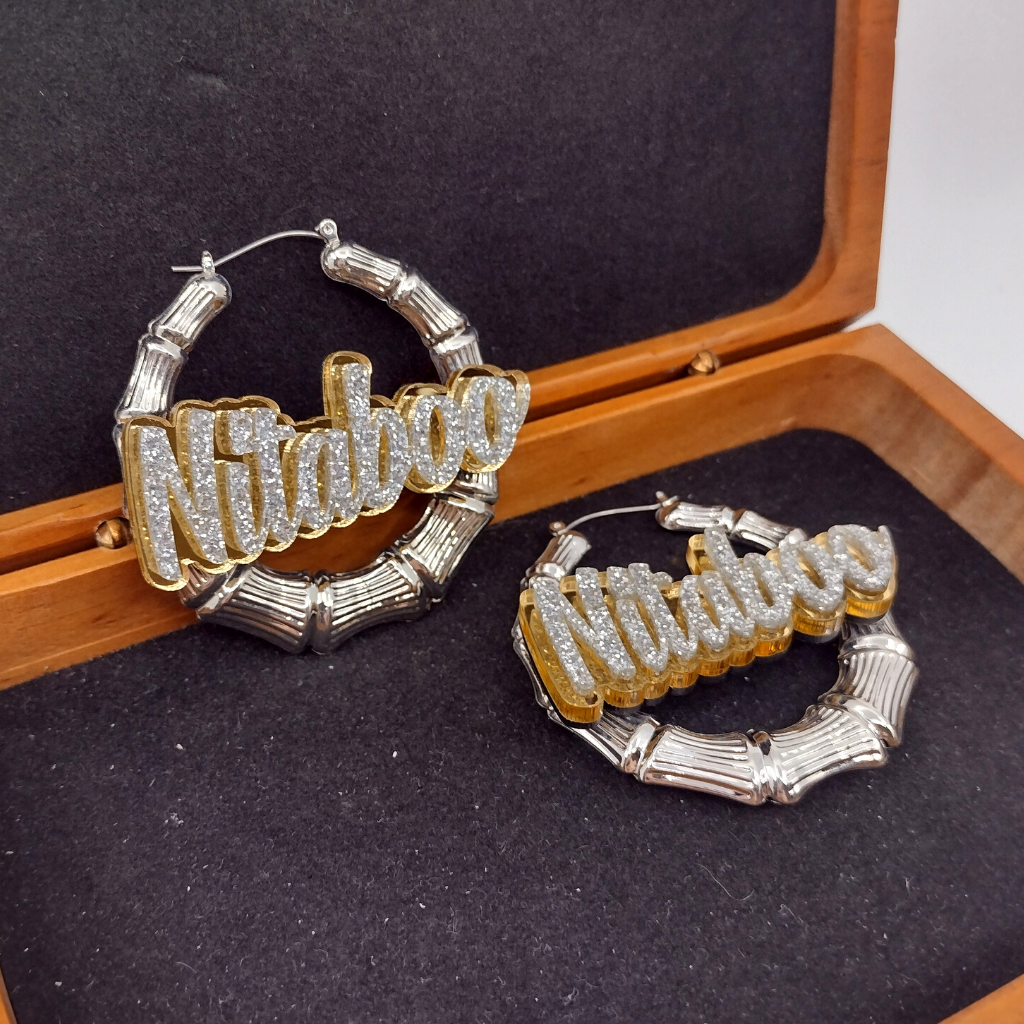 Custom Name and Background Silver Bamboo Hoop Earrings