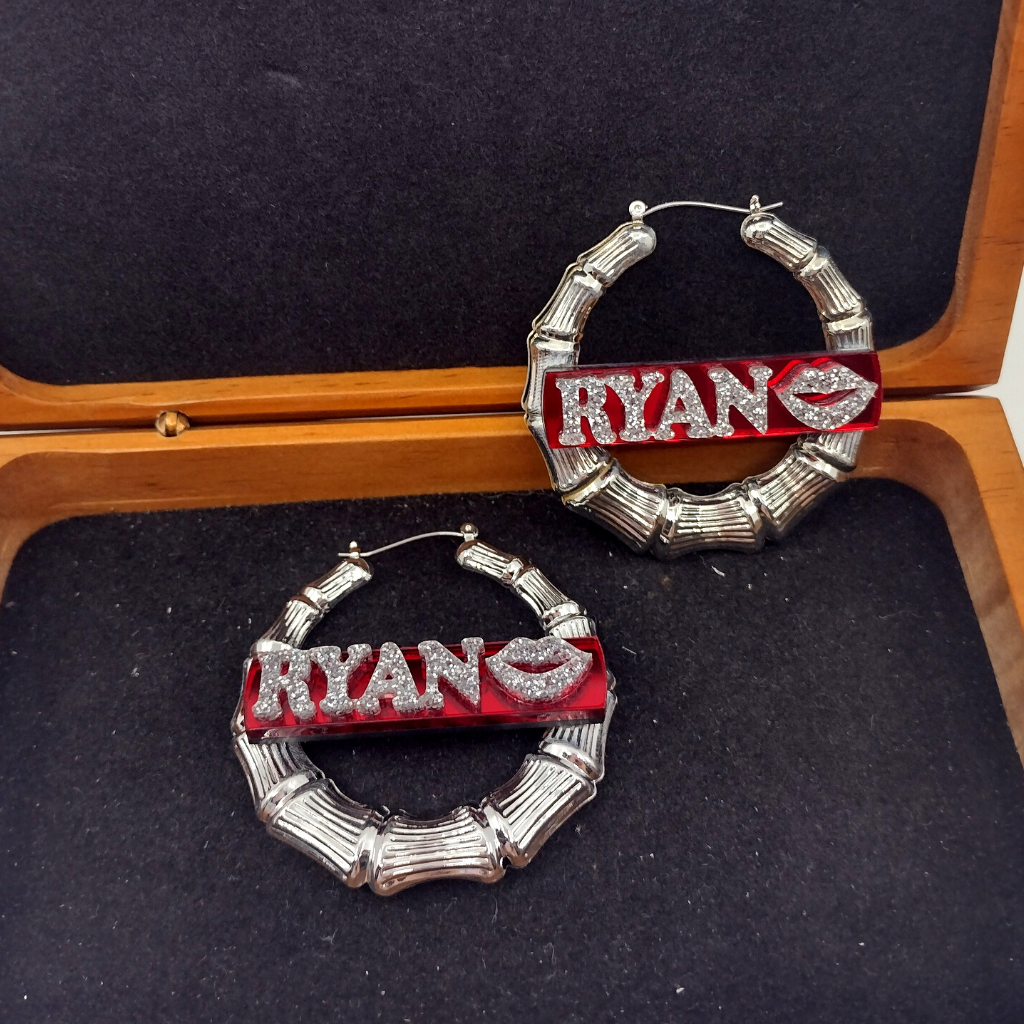 Custom Name with Lips and Background Silver Bamboo Hoop Earrings