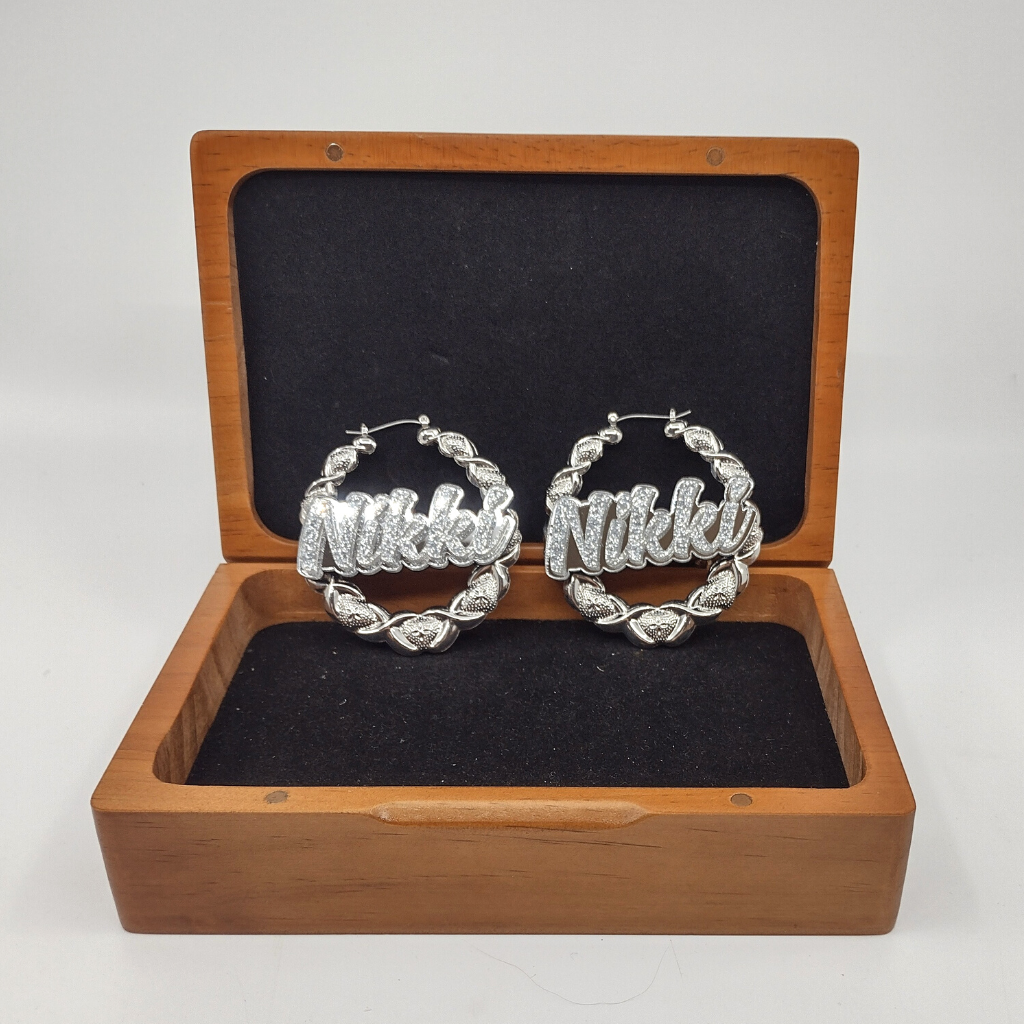 Custom XOXO Name and Background Silver Hoop Earrings