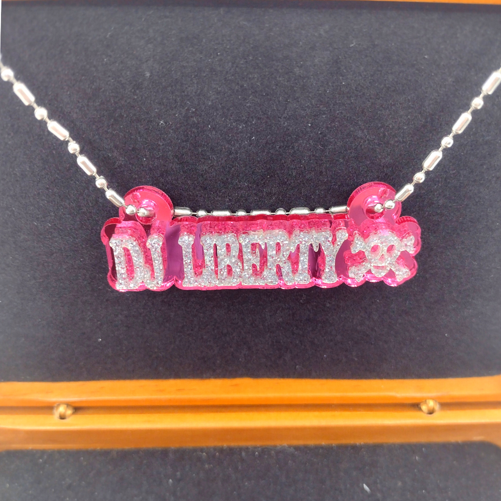 Custom Skull and Crossbones Name Necklace, Personalized Glitter Name Necklace