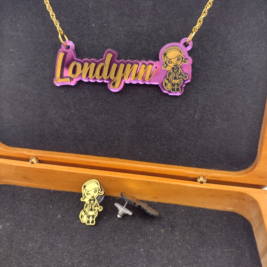 Custom Kid Doctor Character Personalized Necklace and Studs Jewelry Set
